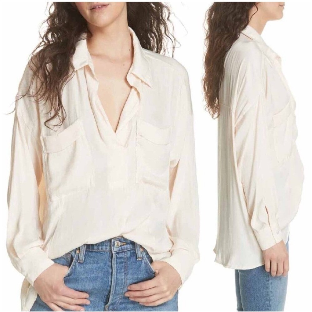 Free People Cream Collared Long Sleeve Oversized Shirt Tunic Top‎ Women